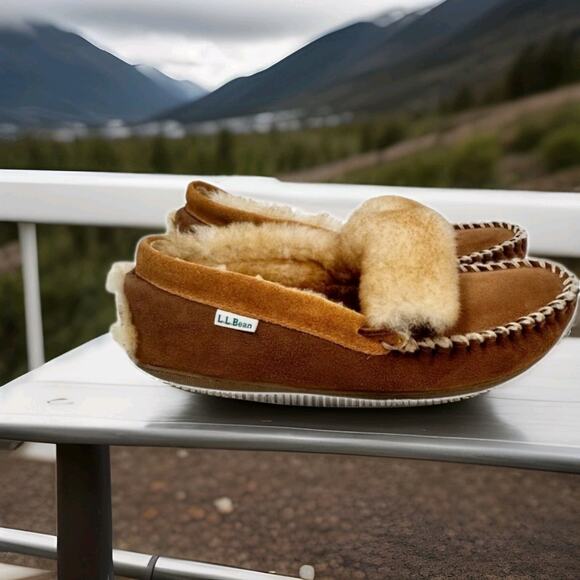 LL Bean Wicked Good Slippers Fold Over Moccasins Mens Size 10M Shearling Suede - Picture 6 of 8